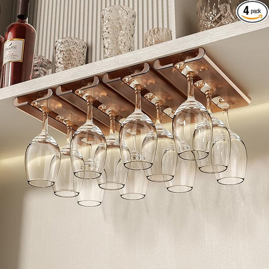 Wine Glass Holder - 4Pack Under Cabinet Rack, No Drilling Installation, Stemware Hanging Rack for Kitchen and Bar (Amber)
