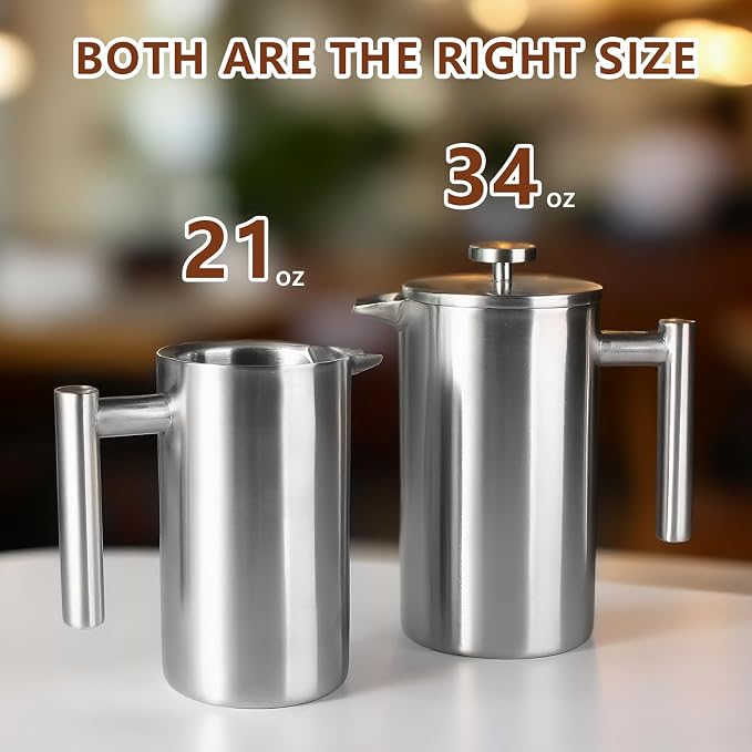 French Press 24 oz, Premium Stainless Steel French Press Coffee Maker 2 cup | Double Wall Insulated French Coffee Presses, 304 Food Grade Stainless Body, Ideal for Camping Travel Home, No Plastic
