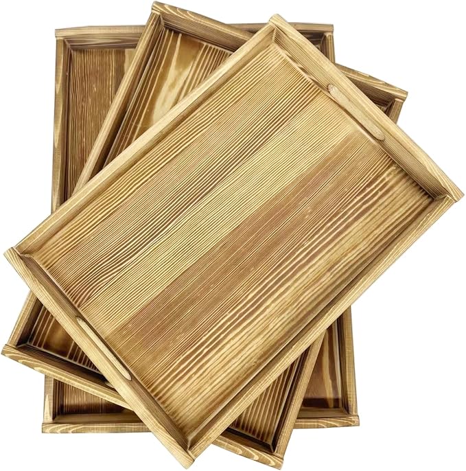 Owlgift Rustic Burnt Wood Serving Trays with Brass Metal Wrap Accents, Set of 3