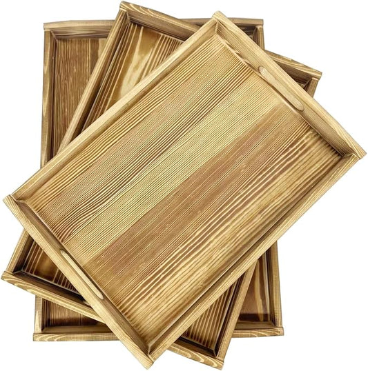 Owlgift Rustic Burnt Wood Serving Trays with Brass Metal Wrap Accents, Set of 3