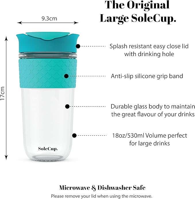 Large Travel Mug - Reusable Glass Coffee Mug - 18oz/530ml BPA-Free Hot Drink Travel Mug with Lid & Silicone Band (Blue, 18oz)