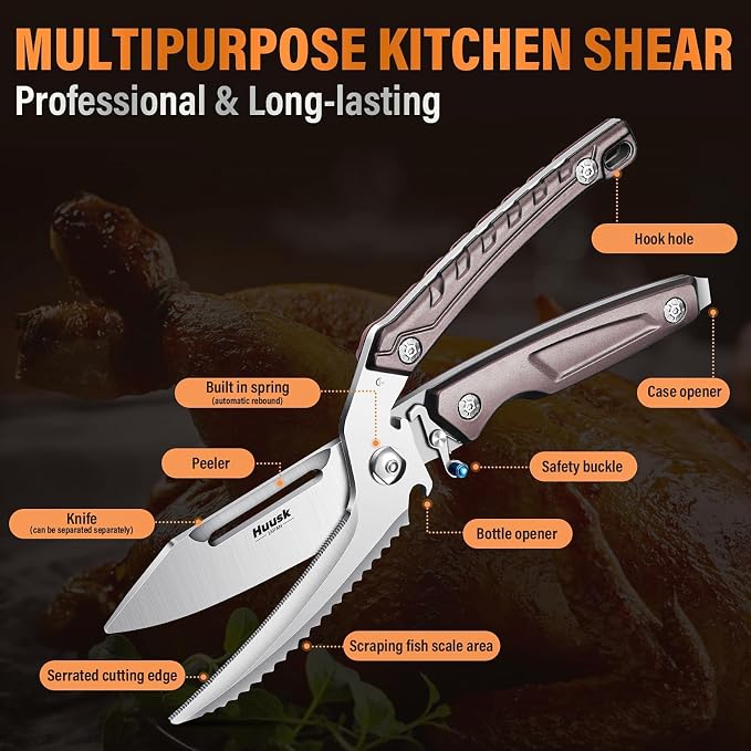 Huusk Heavy Duty Poultry Scissors - Kitchen Scissor for Food with Serrated Edge, Detachable Sharp Shears for Cutting Meat, Chicken Bone, Christmas Gift for Men and Women