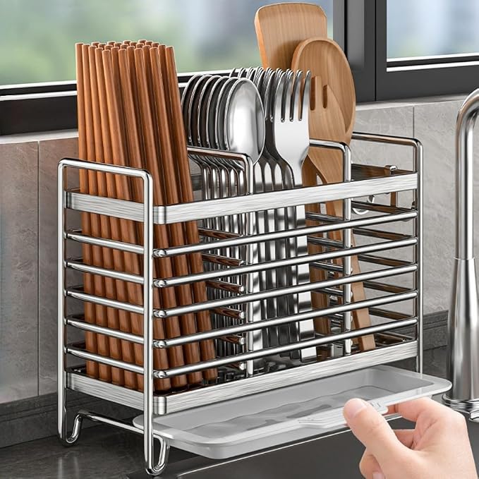 Stainless Steel Wall Mounted Utensil Holder and Countertop Drying Rack with Drain Tray for Kitchen Forks Spoons Chopsticks Silver 3 Compartments(3 Compartments)