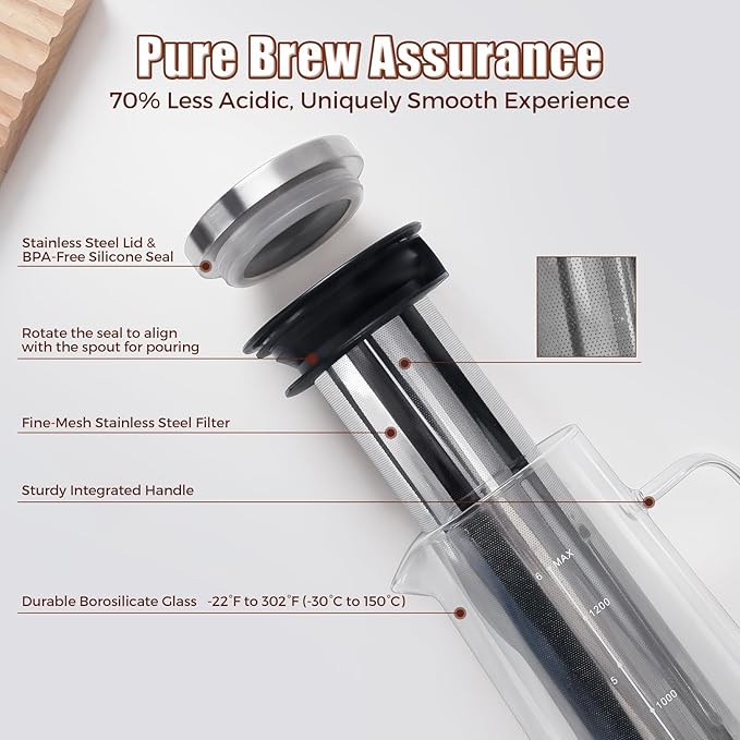 Cold Brew Coffee Maker 1.4L/48oz with Handle, Extended Stainless Steel Filter for Deep Extraction, Iced Tea Pitcher with Non-Slip Base Includes Cleaning Brush & Long Stirring Spoon