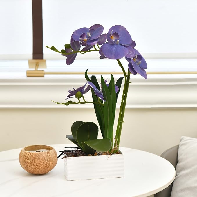Artificial Real Touch Orchid Flowers in Pot Fake Phalaenopsis Flower with White Ceramic Vase Faux Orchids Arrangement for Home Table Office Wedding Party Decoration (Lavender)