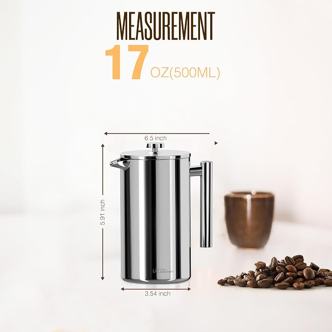 Utopia Kitchen 304 Grade Stainless Steel French Press 17 Oz, Silver | Double Wall Insulated Coffee Press with 4-Level Filtration System, Include 2 Extra Filters, Rust-Free, Dishwasher Safe
