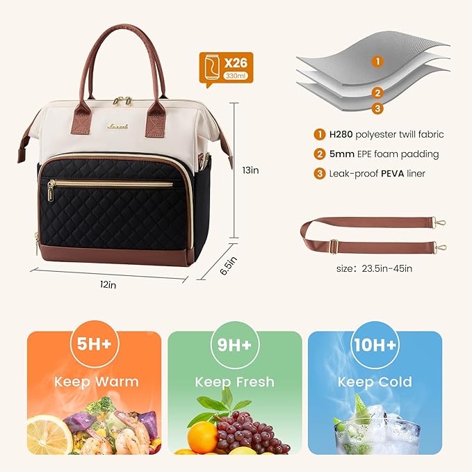 LOVEVOOK Lunch Bag Women, Insulated Adult Lunch Box for Women Work, Wide Opening Leakproof Cooler Tote Bag for Office Campus Picnic Beach with Shoulder Strap, Loncheras Para Mujer with Cup Holder