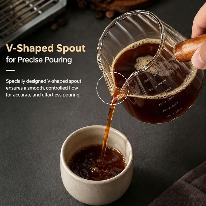 6 oz Espresso Cups - Glass Measuring Cups with Spout - Ribbed Small Creamer Pitcher- Expresso Shots Cup with Wood Handle for Coffee Milk, Dishwasher Safe (Transparent, 2 pack)