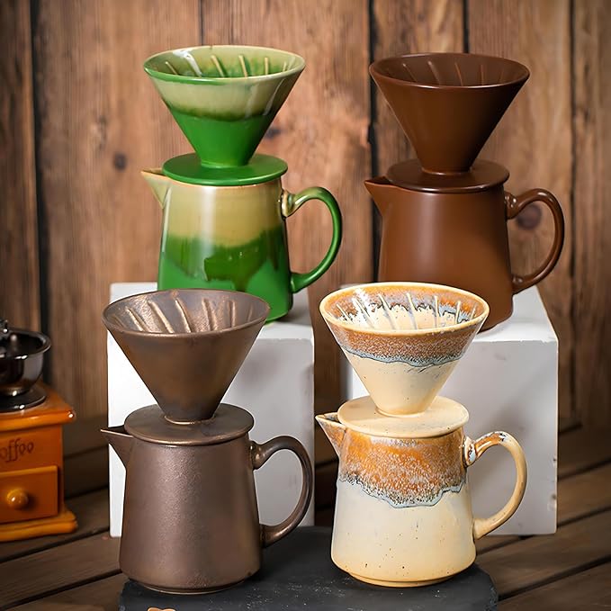 Ceramic Pour Over Coffee Dripper Vintage, Pour Over Coffee Maker Set, Filter Cup, Coffee Brewer Cone Filter, V60 Dripper & Decanter set, for Home Café Restaurant, 1-2 Cup (Brown)