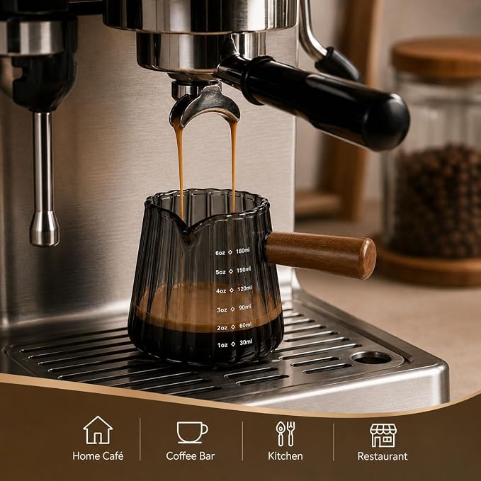 2 Pack Espresso Measuring Cup 6oz, Febwind Ribbed Borosilicate Glass Espresso Shot Cups with Wood Handle, V-Shaped Spout with oz/ml Scale for Coffee and Milk Frothing Gray