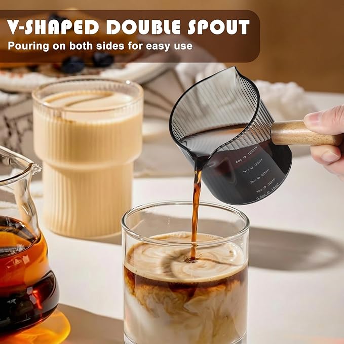 2 Pcs Double Spouts Measuring Espresso Cups Shot Glasses with Wood Handle 4 oz Dual Scale V-shaped Mouth Measuring Glasses Demitasse Cups Ribbed Milk Frothing Pitcher for Coffee Bar
