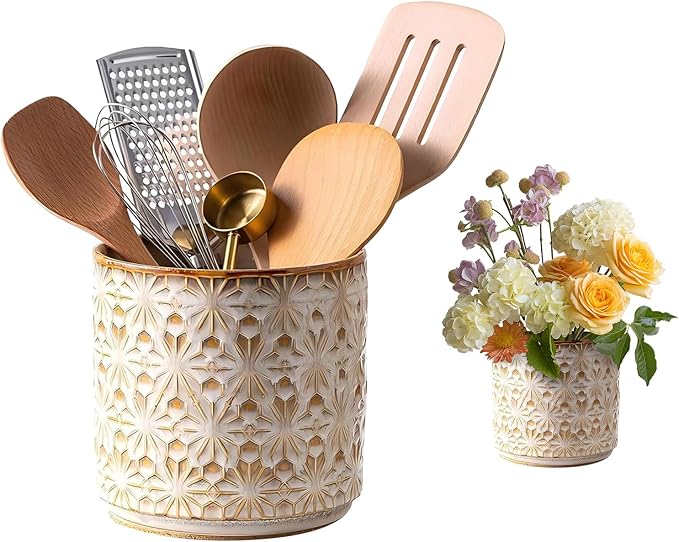 Ceramic Utensil Holder for Kitchen Counter,5.3" Farmhouse Kitchen Utensils Holder for Countertop， Handcrafted Cooking Utensil Holder with Elegant Design for Utensil Storage, Flower Vase