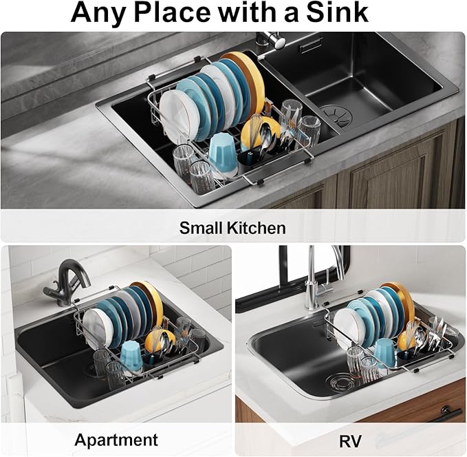 GSlife Small in Sink Dish Drying Rack - Expandable Stainless Steel Compact Over The Sink Dish Drainer with Utensil Holder for RV Kitchen Apartment, Silver