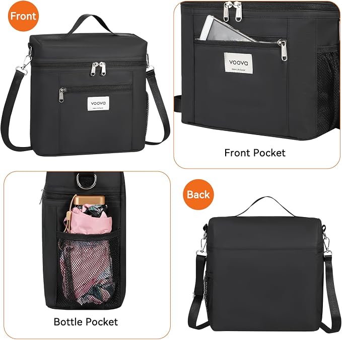 Voova Lunch Bag for Men and Women, Insulated Lunch Box with Shoulder Strap, Adult Reusable Lightweight Nylon Waterproof Lunchbox Lunch bags for Work, Black