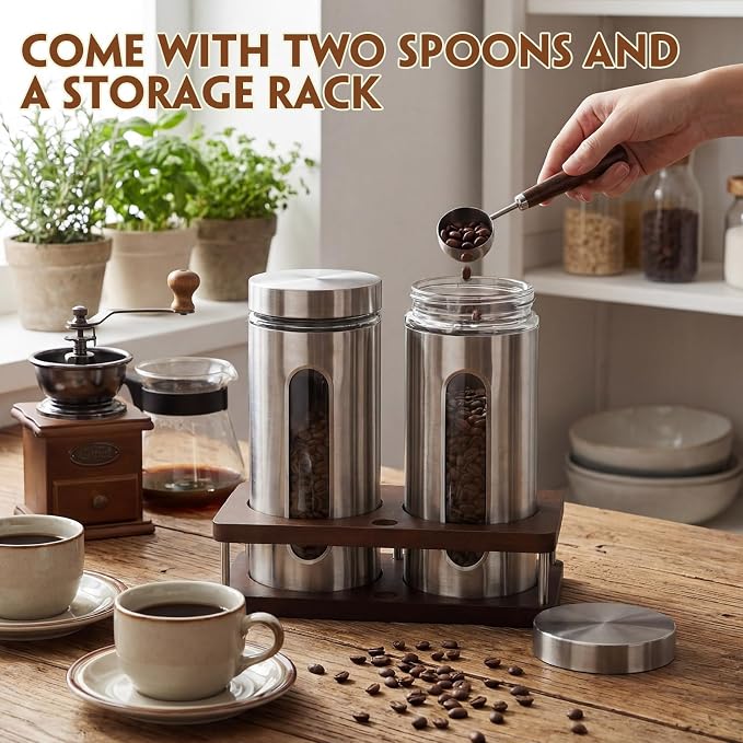 Suclain Stainless Steel Coffee Grounds Canisters with Shelf 2 x 50oz Sugar Coffee Bean Storage Container with Airtight Threaded Lid Glass Window Scoop Kitchen Jar Set for Bar Creamer Nut Tea