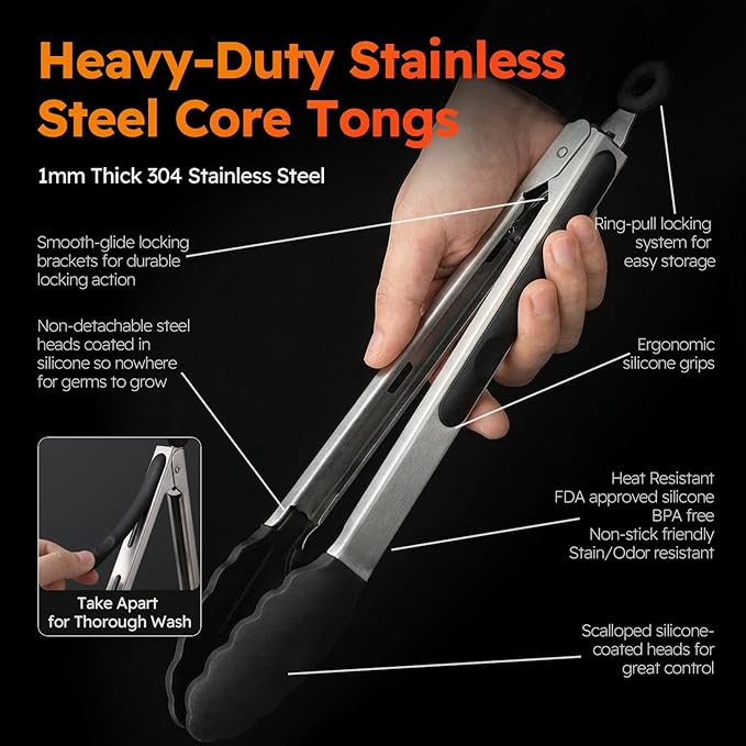 HST Tongs for Cooking with Silicone Tips(3 Pack), Non Stick Kitchen Tongs with Silicone Tip for Cooking BBQ Baking (12", Black)