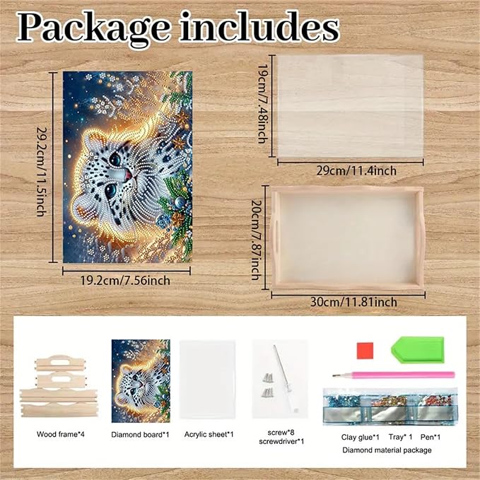 DIY Diamond Serving Tray with Handle Handmade Diamond Art Painting Wooden Rectangular Breakfast Tray for Dinner Plate Coffee Room Living Home Organizer-Tiger