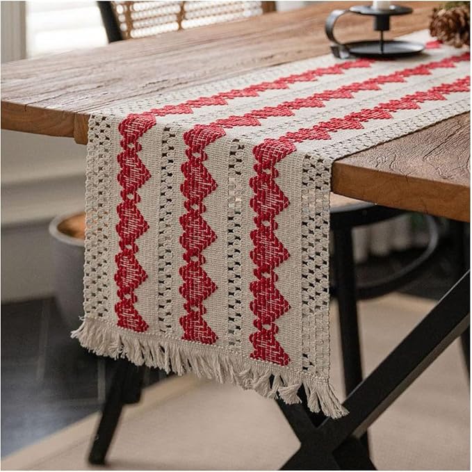 Macrame Table Runner Beige and Red Heart Table Runners with Tassels Hand Woven Cotton Table Runner Rustic Farmhouse Table Runners for Valentine's Day Bohemian Kitchen Dining Table(12x71in)