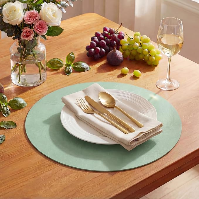 Artoid Mode Sage Faux Leather Placemats Set of 6, 15 Inch Waterproof Wipeable Heat Resistant Vinyl Place Mats, Reversible Table Mats for Spring Kitchen Dining Decor