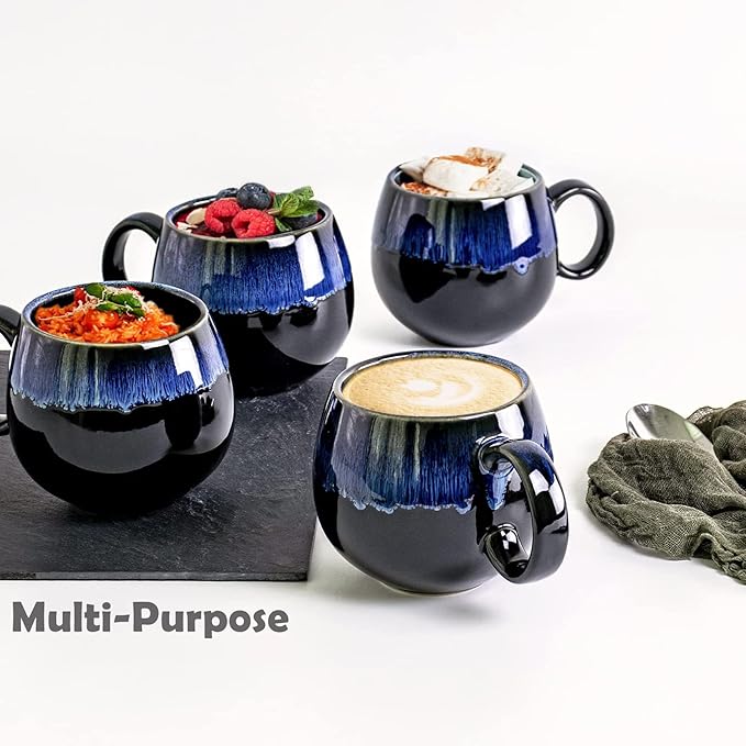 UNICASA Coffee Mugs Set, 18oz Ceramic Jumbo Mugs Set of 4, Porcelain Cereal, Soup Cups with Handles for Coffee, Tea, Milk, Latte and Cocoa, Microwave Safe - Reactive Blue