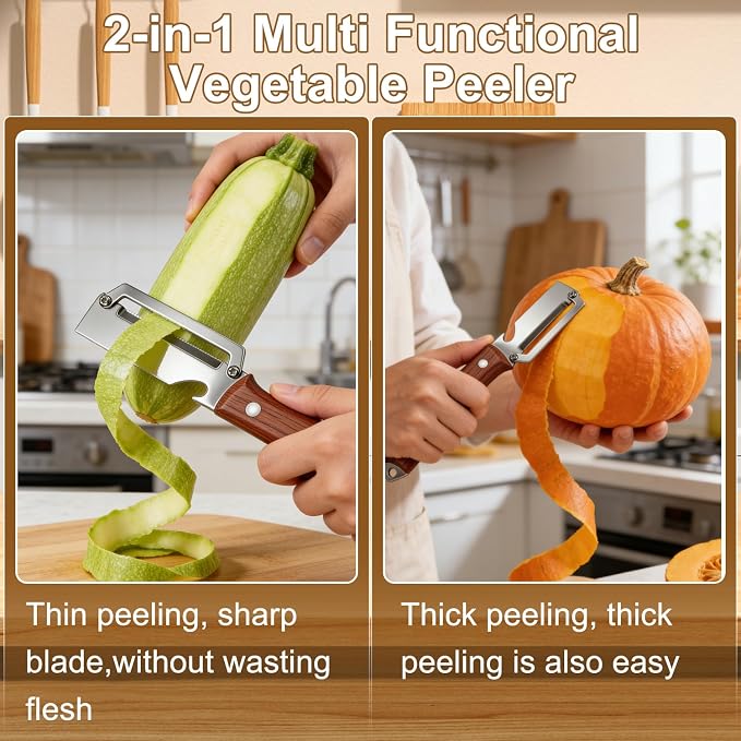2026 Upgrade Premium Vegetable Peeler,with Wooden Handle and Bottle Opener,3-in-1 Stainless Steel Kitchen Tool,Easy to Clean for Fruit Potato Pumpkin Papaya(2 Pcs)