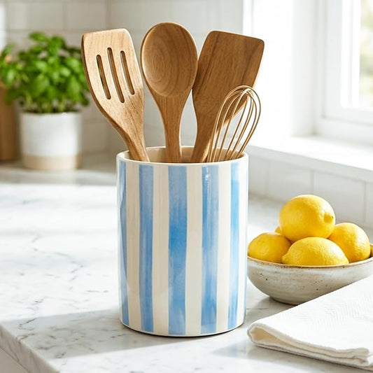 JarThenaAMCS Blue White Stripe Ceramic Utensil Holder Utensil Crock for Home Kitchen Countertop Storage Organizer Container