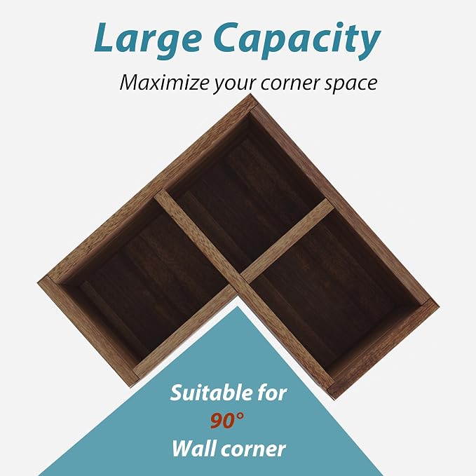 Suli Extra Large Kitchen Utensils Holder with 3 Compartments,Corner Utensil Caddy for Countertop,Acacia Wood Utensil Organizer for Kitchen Countertop, Farmhouse Decor-Acacia Brown