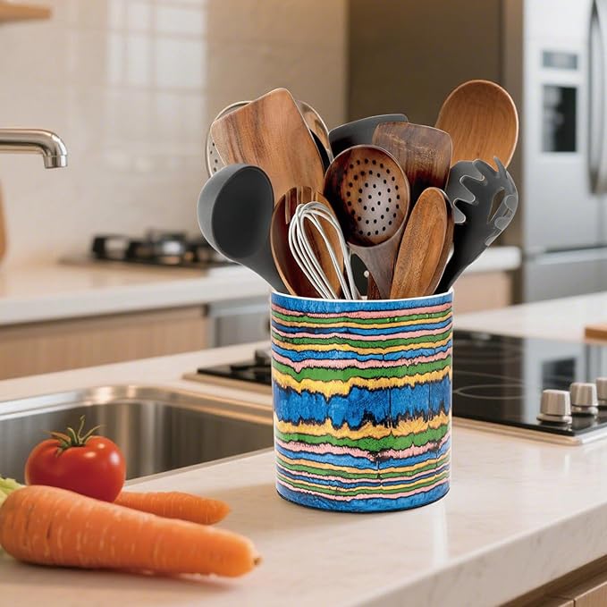 Bohemian Style Ceramic Utensil Holder, 6.5-Inch Farmhouse Kitchen Counter Decor with Multi-Color Stripes for Indoor Decor