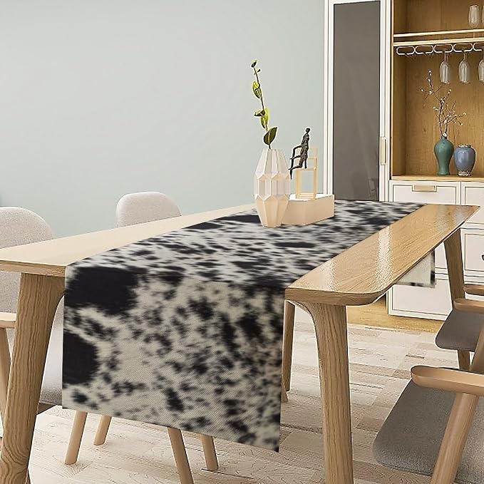 Cow Skin Print Table Runner, Western Cotton Linen Rustic Cottage Country Farm Animal Fur Skin Pattern Brown Cowhide Print Dinner Runner for Home Kitchen Dining Table Decoration 13x90 Inch