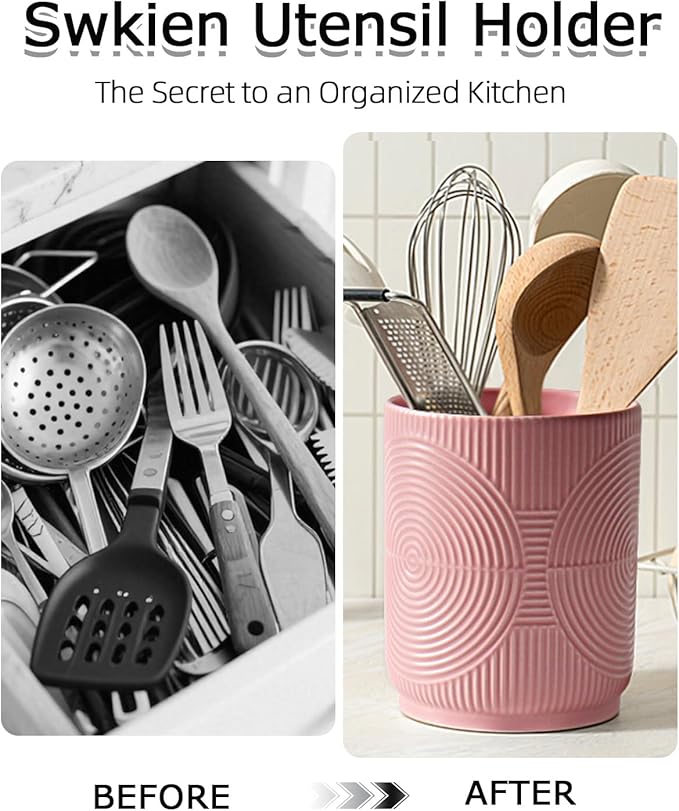 Utensil Holder, 7.2" Kitchen Utensil Holder for Counter, 2-in-1 Ceramic Cooking Utensils Holders with Spoon Rest, Utensil Crock for Spatula, Ideal Housewarming Gift (Pink)