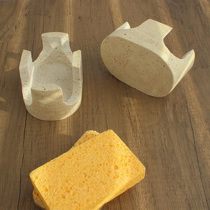 Natust 2-in-1 Travertine Sponge Holder for Kitchen Sink - Heavy Duty Natural Stone Sink Caddy, 2-Slot Scrubber Organizer for Scrub Daddy, Soap Tray with Anti-Slip Pads, Housewarming Gift, Beige