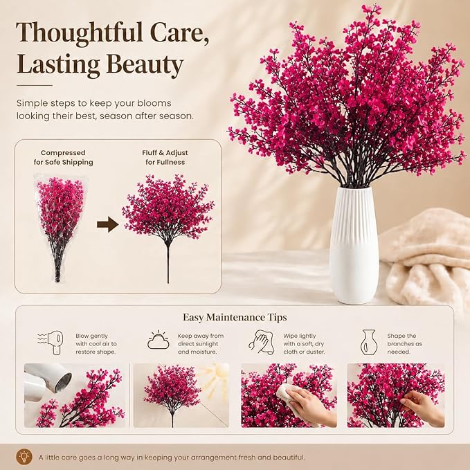 Mandy's Hot Pink Artificial Baby’s Breath Flowers 6 Bundles Silk Gypsophila, 18.5 Inch European Style Modern Home Decor Centerpiece, Neutral Wedding Flower Arrangements