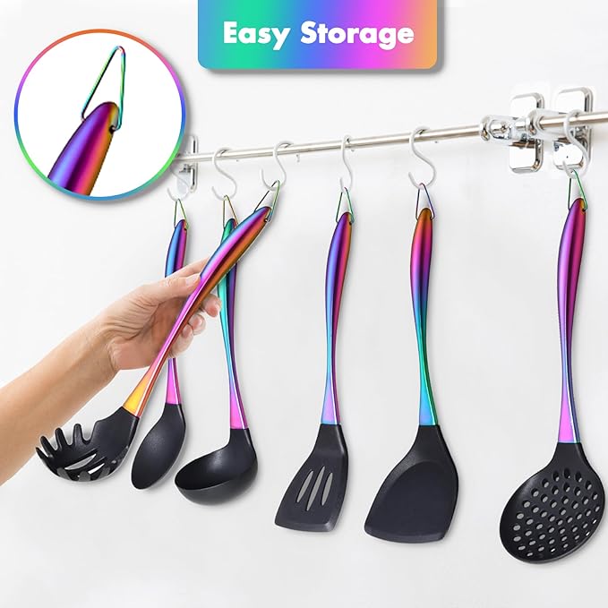 Silicone Cooking Utensils Set, 9Pcs Kitchen Utensil Set with Stainless Steel Handle, Heat-Resistant Silicone Utensils for Cooking, Non-Stick Spatula Set with Spoons, Turners, Ladle (Rainbow)
