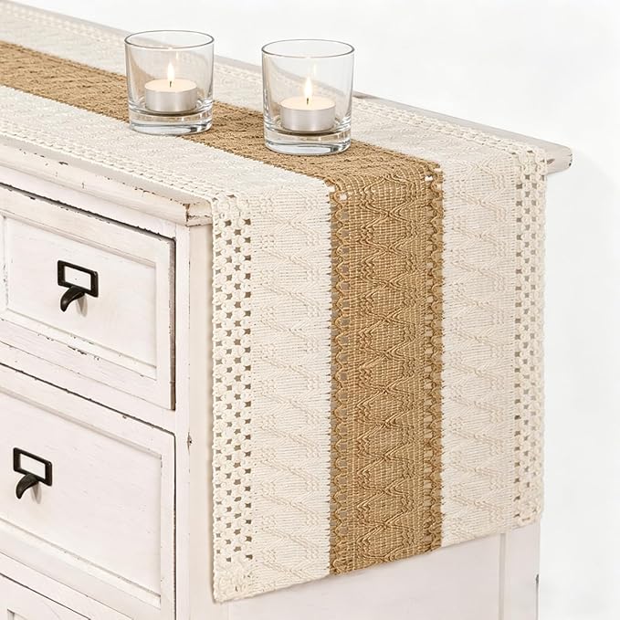 MLMC Ivory & Burlap Boho Table Runner Farmhouse Cotton Burlap Woven Table Runner 48 inch Long Rustic Seasonal Table Decor for Dinning Kitchen Wedding Bridal Shower Eveyrday Use 12x48 Inch