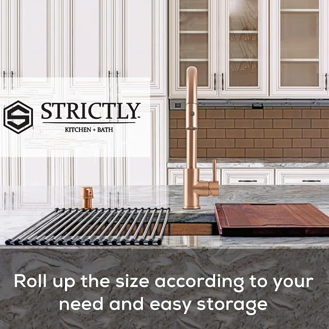 Strictly Sinks Stainless Steel Roll Up Dish Drying Rack – Black 17 Inch Over The Sink Drying Rack Ideal for Workstation Sinks Only – Multipurpose Foldable Kitchen Dish Rack (17-3/8″ x 13″ x 3/8″)