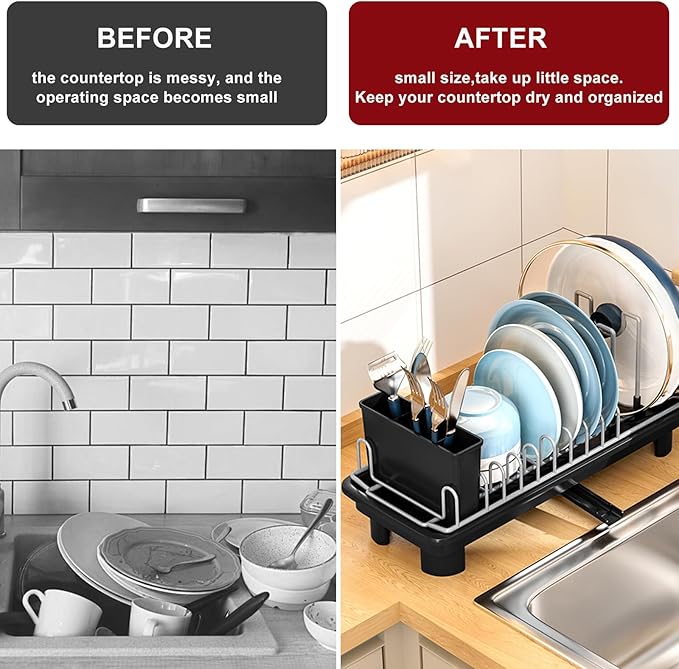 Small Dish Drying Rack for Kitchen Counter,Compact Dish Drainer with Plastic Water Tray, Space Saving Dish Rack with Removable Cutlery Holders for Small Kitchens, 6.5" W x 16.5" L (White)