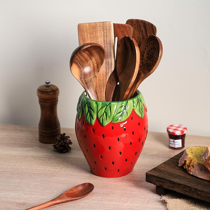 Strawberry Shaped Ceramic Kitchen Utensil Holder, Large Cooking Utensil Crocks for Kitchen Countertop, Ceramic Utensil Organizer for Spatula, Kitchen, Home Decoration-Retro Red