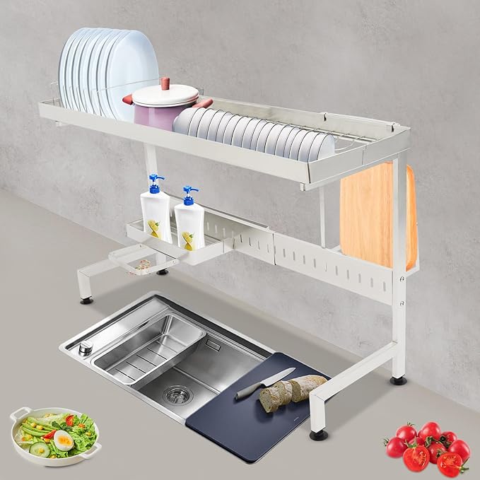 Over The Sink Dish Drying Rack, Stainless Steel Storage Shelf Kitchen Organizer Dish Drainer for Pots Pans Cups Bowls, L34.7*W10.2*H19.7in, Silver