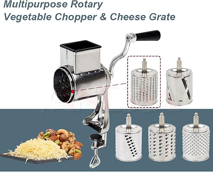 DYNAMI 5 in 1 Stainless Steel Rotary Grater,Kitchen Grater Vegetable Slicer,Cheese Rotary Chopper Food Mills With 5 Stainless Drum,for Home Kitchen Restaurant (Clamping type,Silver)