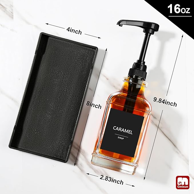 GMISUN Coffee Syrup Dispenser with Tray, 16.9 fl oz Syrup Pump Dispenser for Coffee Bar Accessories, Glass Syrup Bottle for Coffee Bar Essentials, Maple Syrup Bottles with ¼oz Large Capacity Pump