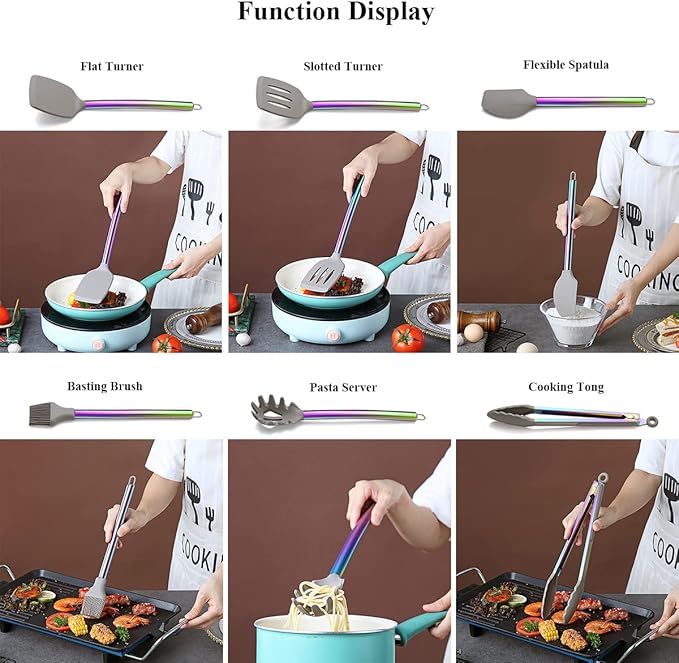38 Piece Silicone kitchen Cooking Utensils Set with Utensil Rack, Silicone Head and Stainless Steel Handle Cookware, Kitchen Tools, Non-Stick kitchen Gadgets, Dishwasher Safe (Rainbow)