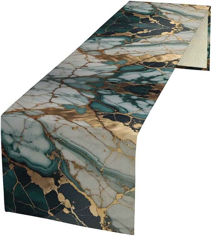 Marble Table Runner, Abstract Green and Gold Modern Luxury Texture Printed Linen Table Runners for Home Farmhouse Kitchen Dining Room Party Holiday Decor 13" W x 90" L