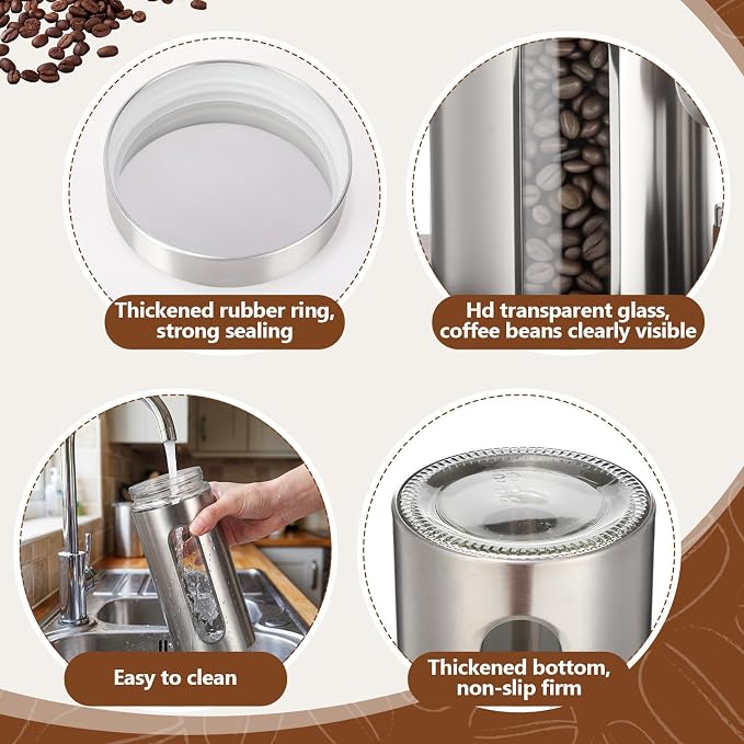 Suclain Stainless Steel Coffee Grounds Canisters with Shelf 2 x 50oz Sugar Coffee Bean Storage Container with Airtight Threaded Lid Glass Window Scoop Kitchen Jar Set for Bar Creamer Nut Tea