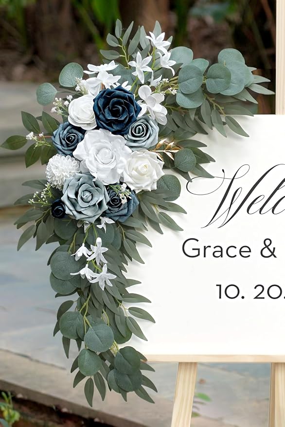 Olalaka Dusty Blue Flower for Wedding Welcome Signs Decorations, Artificial Wedding Arch Flowers for Wedding Ceremony (Set of 2)