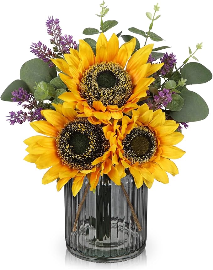 Oairse Fake Flowers in Vase, Sunflowers Artificial Flowers with Vase Sunflowers Centerpieces for Table Silk Flower Arrangement for Farmhouse Home Kitchen Bathroom Wedding Party Dining Room Decor