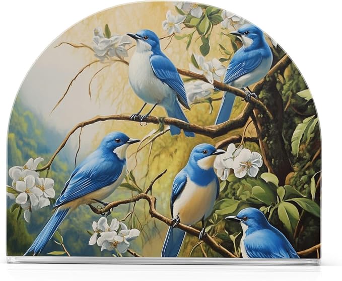 Fustylead Blue Bird White Flower Patterned Napkin Holder for Table Acrylic Vertical Napkin Holders for Paper Napkins Decor Napkin Dispenser for Home Party Dining Cocktail Kitchen Accessories, 2 PC