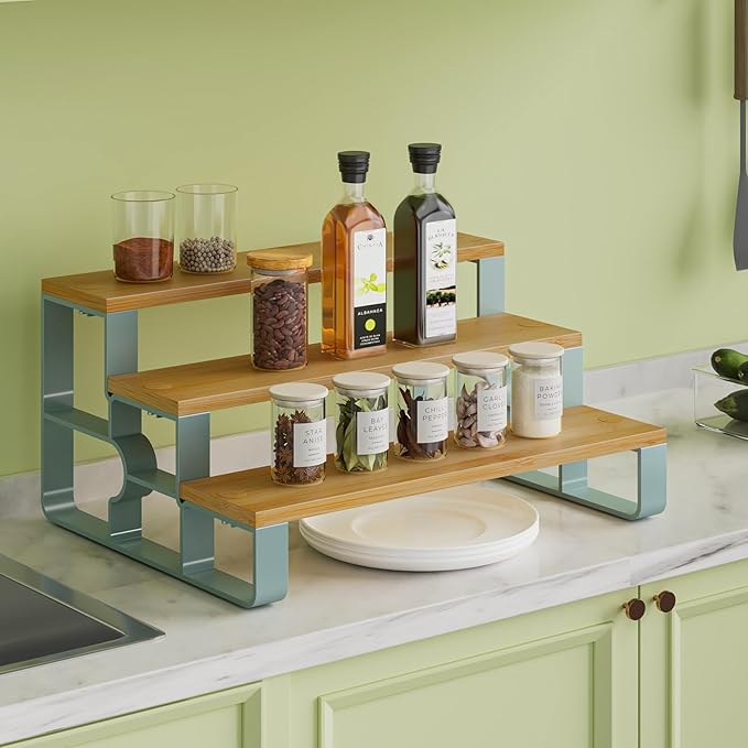 3 Tier Bamboo Spice Rack for Kitchen Countertop, Stepped Seasoning Organizer Shelf, Space-Saving Kitchen Storage for Spice Jars & Condiments, Easy Assembly (14" Width)