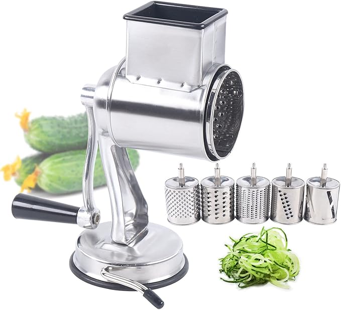 DYNAMI 5 in 1 Stainless Steel Rotary Grater,Kitchen Grater Vegetable Slicer,Cheese Rotary Chopper Food Mills With 5 Stainless Drum,for Home Kitchen Restaurant (Suction cup type, Not for Hard Cheeses)