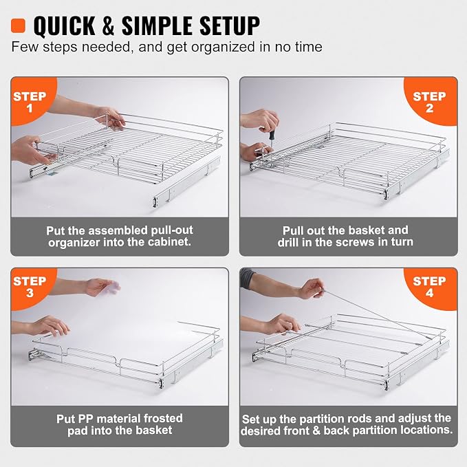 VEVOR 21.5" Wx21 Dx3.5 H Pull Out Cabinet Organizer, Heavy Duty Slide Out Pantry Shelves, Chrome-Plated Steel Roll Out Drawers, Storage for Home, Under Sink, 23" Wx22 Dx7 H Install Size for Cabinet