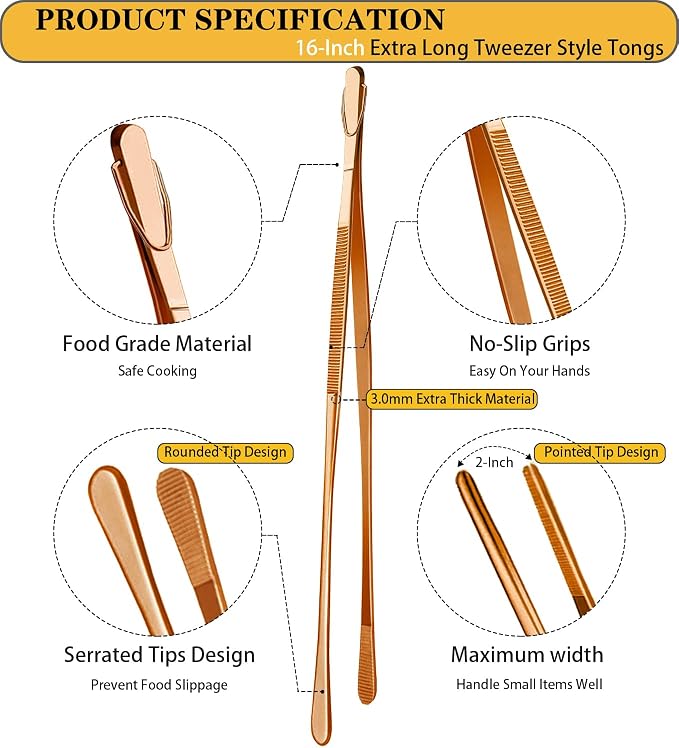 JETKONG 2 Pcs 16-Inch Extra-Large Kitchen Tweezers and Tongs - Giant Stainless Steel Food Tweezers - Rose Gold